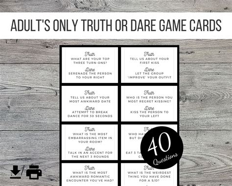 Adult truth or dare game - Truth or Drink is the drinking game version of Truth or Dare. Instead of players giving challenges to each other, they must take a drink instead if they don’t want to answer a question. While Truth or Drink can be played by two people, it also works exceptionally well when played by a group. It’s a great way to break the ice and get people ...